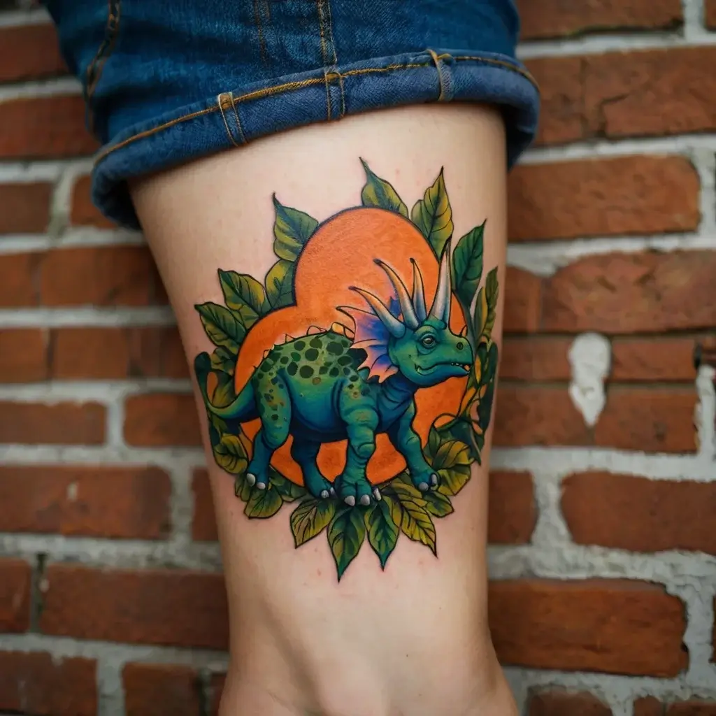 Colorful dinosaur tattoo with teal and green hues framed by leaves, set against an orange backdrop on the leg.