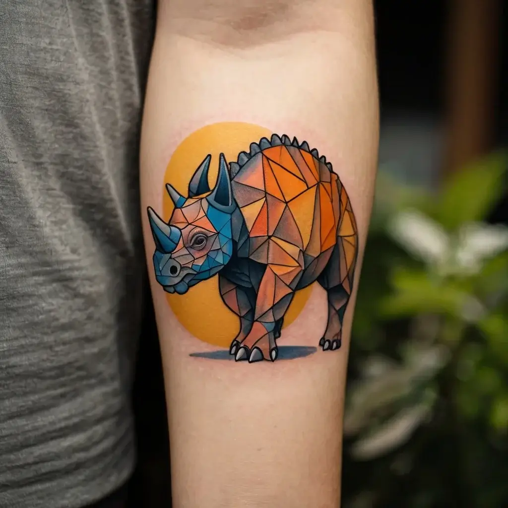 Geometric triceratops tattoo with vibrant blue and orange hues, set against a bold yellow circle background.