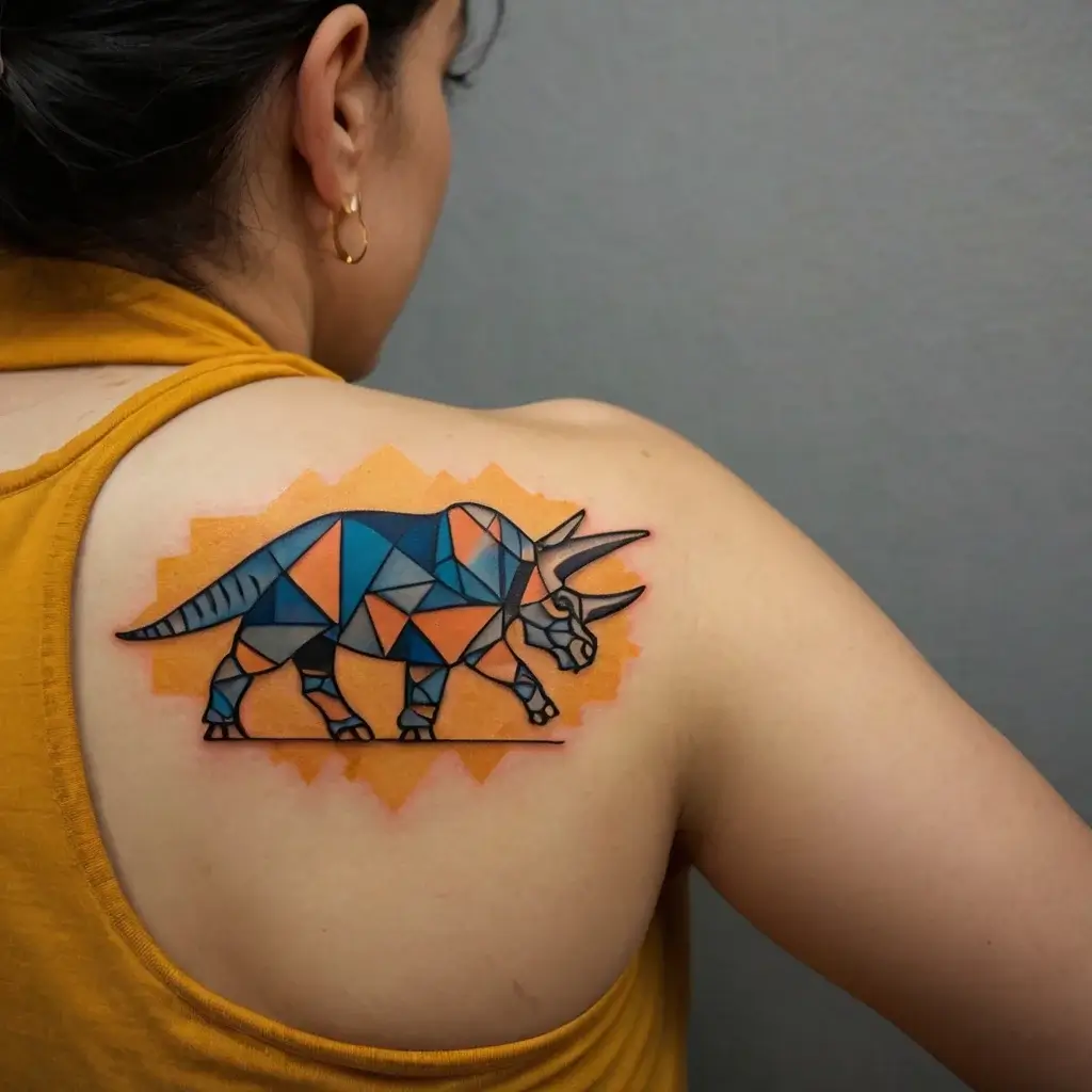 Geometric triceratops tattoo in blue and orange triangles, set against a bold orange background on the shoulder.