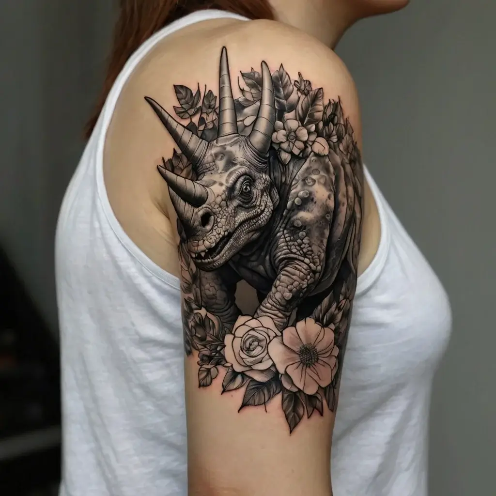 Realistic triceratops tattoo with floral accents on upper arm, blending nature and prehistoric themes in black and grey.