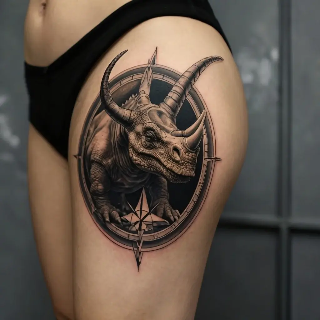 A detailed tattoo of a triceratops within a compass frame, inked with realistic shading on the thigh.