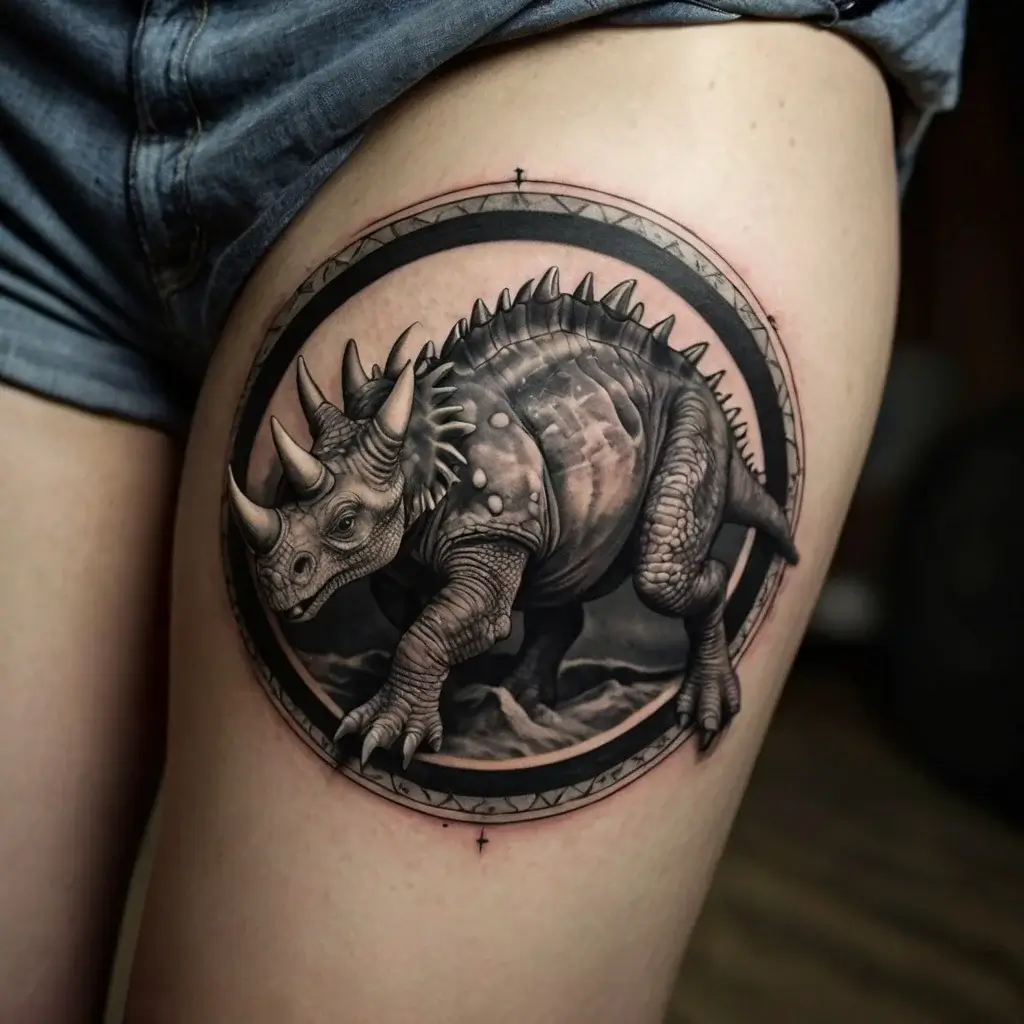 Realistic triceratops tattoo within a shaded circular frame on thigh, showcasing intricate detail and shading.