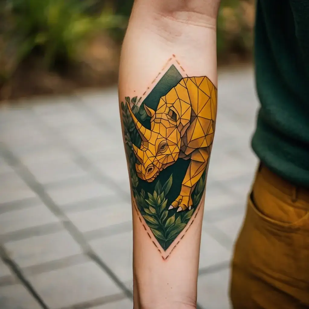 Geometric rhino tattoo in orange hues, framed by dark green foliage on forearm, creating a modern, bold design.