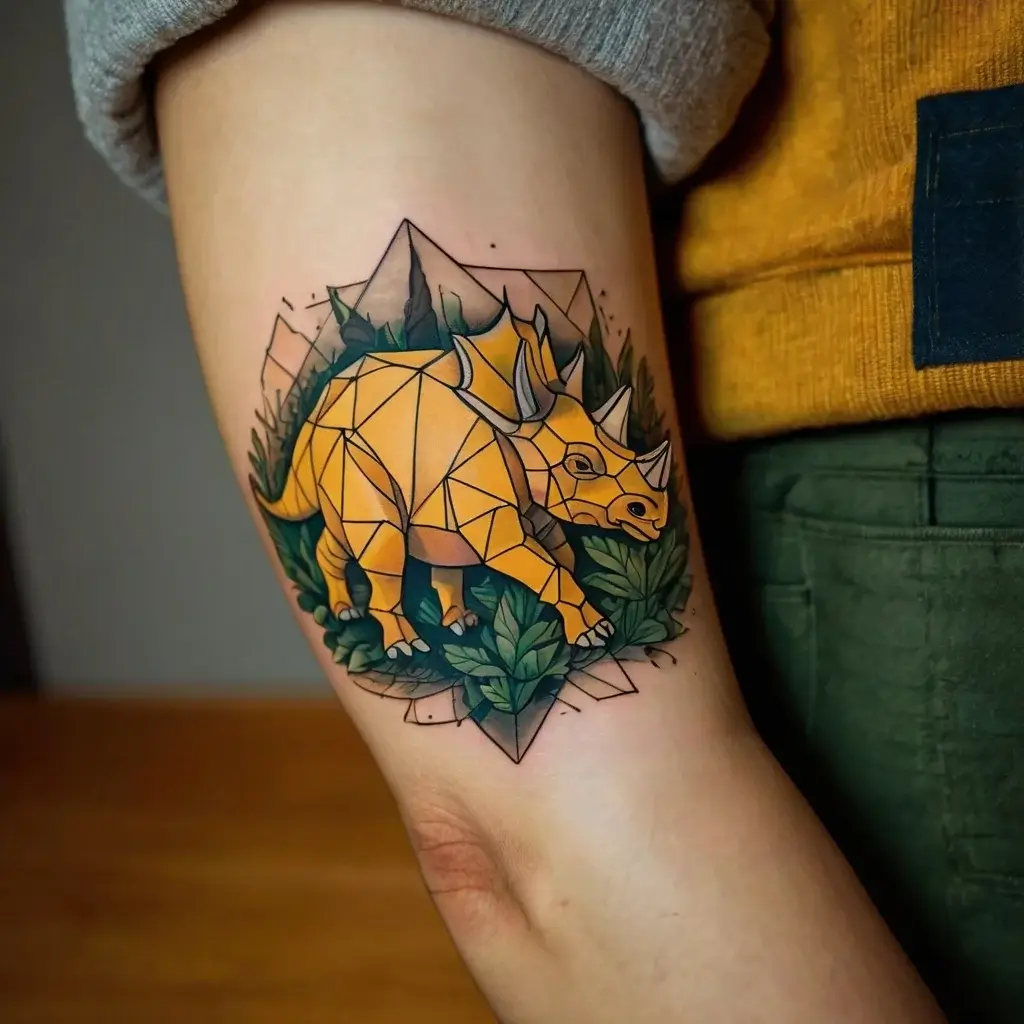 Geometric triceratops in vibrant yellow with lush greenery and mountains as backdrop, blending nature with modern art.