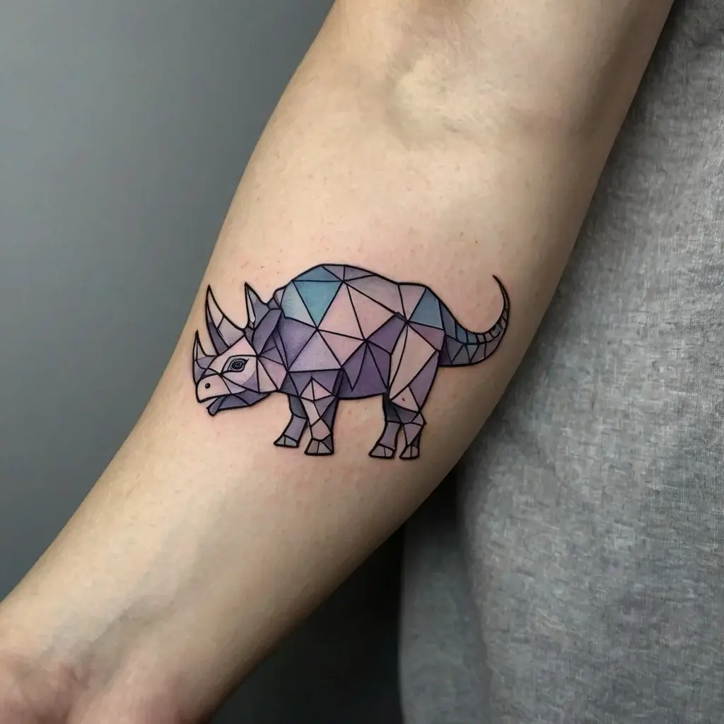 Geometric triceratops tattoo with a mosaic of pastel hues on the forearm, emphasizing modern design and bold lines.