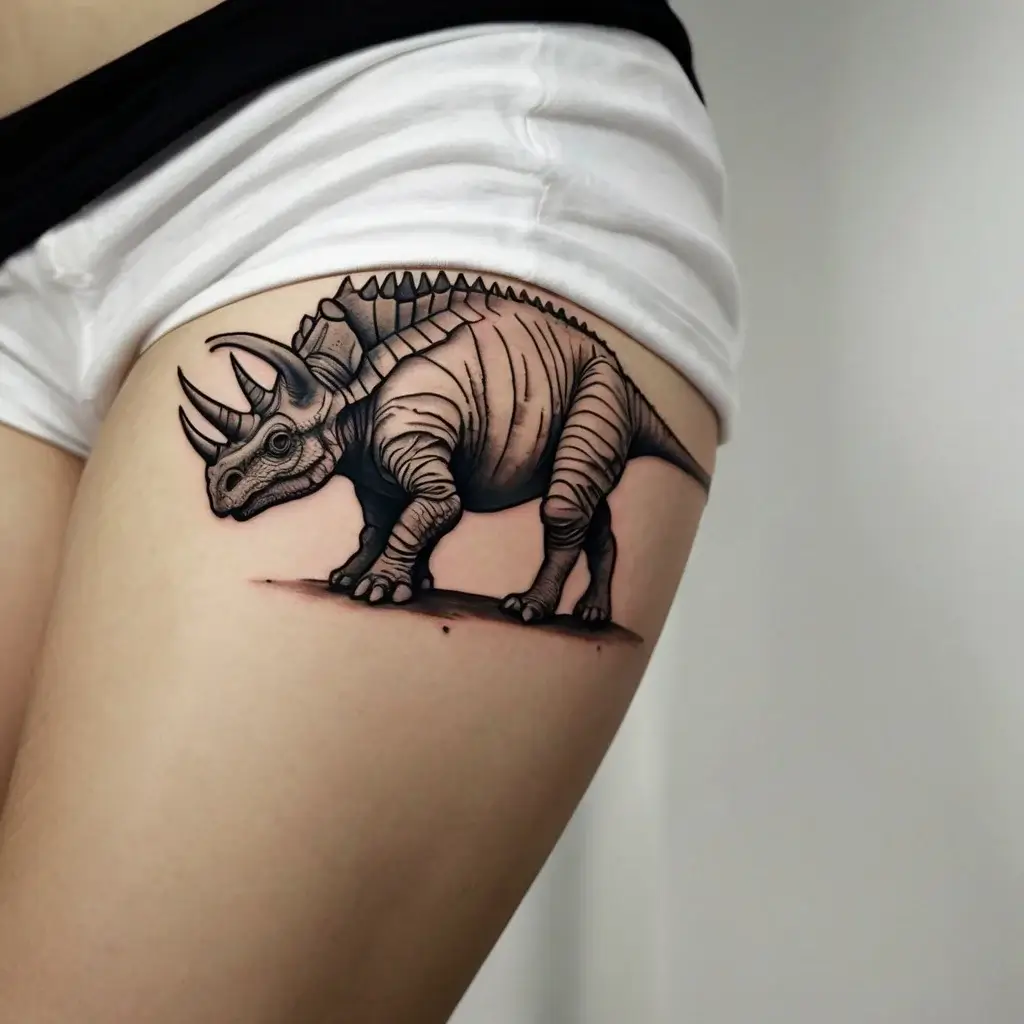 Realistic triceratops tattoo on thigh, showcasing intricate details and shading for a lifelike, three-dimensional effect.