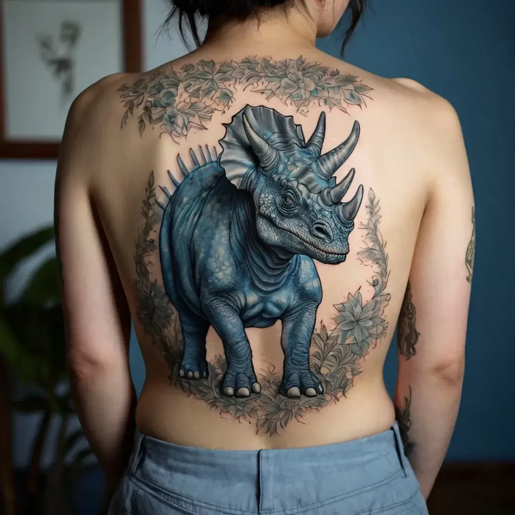 A detailed blue triceratops tattoo on the back, surrounded by intricate floral patterns in black and grey.