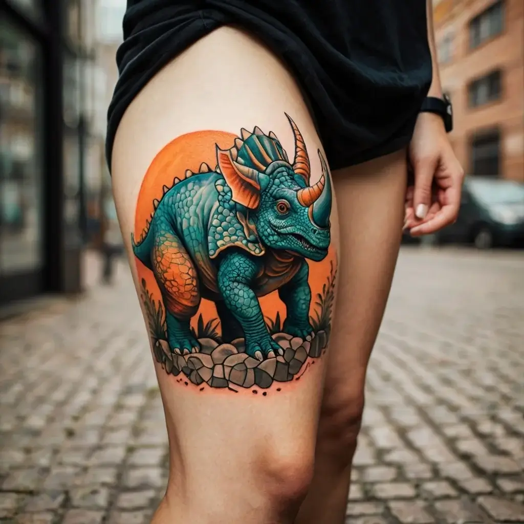 A colorful Triceratops tattoo on the thigh, featuring vibrant teal details and an orange backdrop, adding depth and contrast.