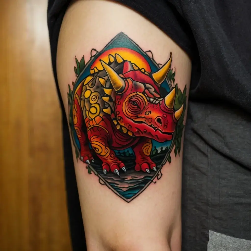 Colorful triceratops tattoo with intricate geometric patterns, set against a vibrant sunset backdrop on the upper arm.