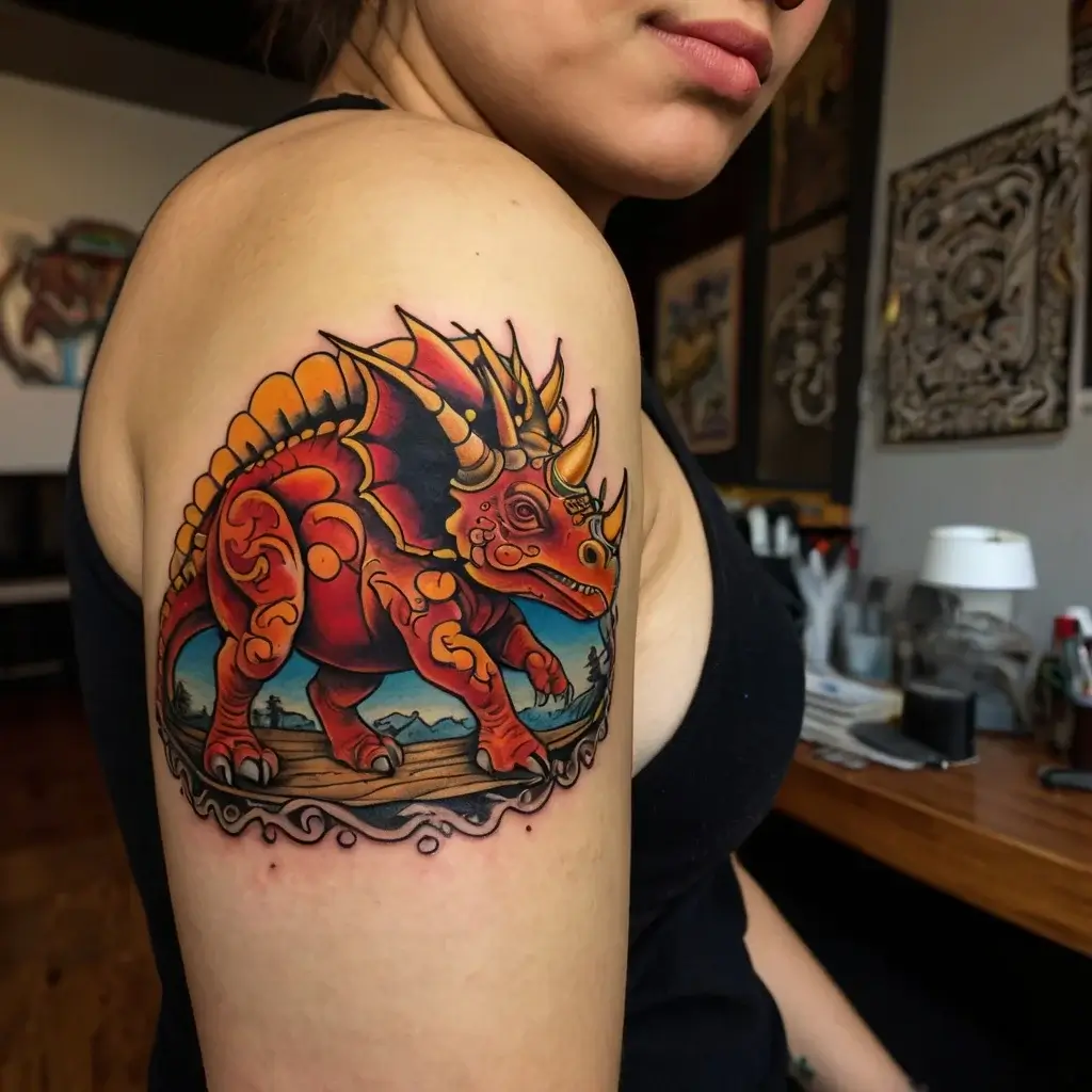 Vibrant arm tattoo of a fierce orange-red triceratops with sunset hues, intricate detailing, and a dynamic landscape background.