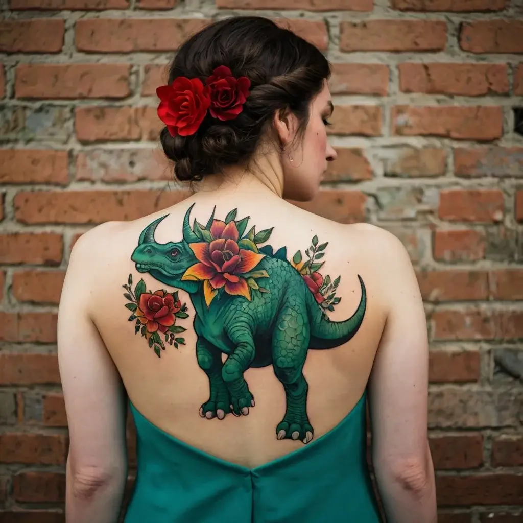 Vibrant tattoo of a triceratops with colorful flowers on a woman's back, blending nature and prehistoric elements.