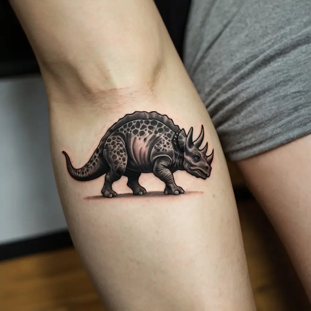 Tattoo of a detailed, shaded triceratops on a calf, featuring textured skin and realistic horns.