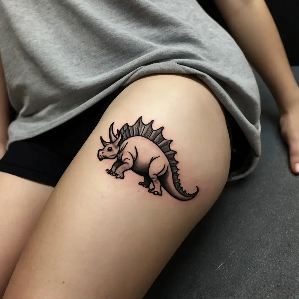 Tattoo of a cartoon triceratops with shading, featuring bold outlines on the upper thigh.