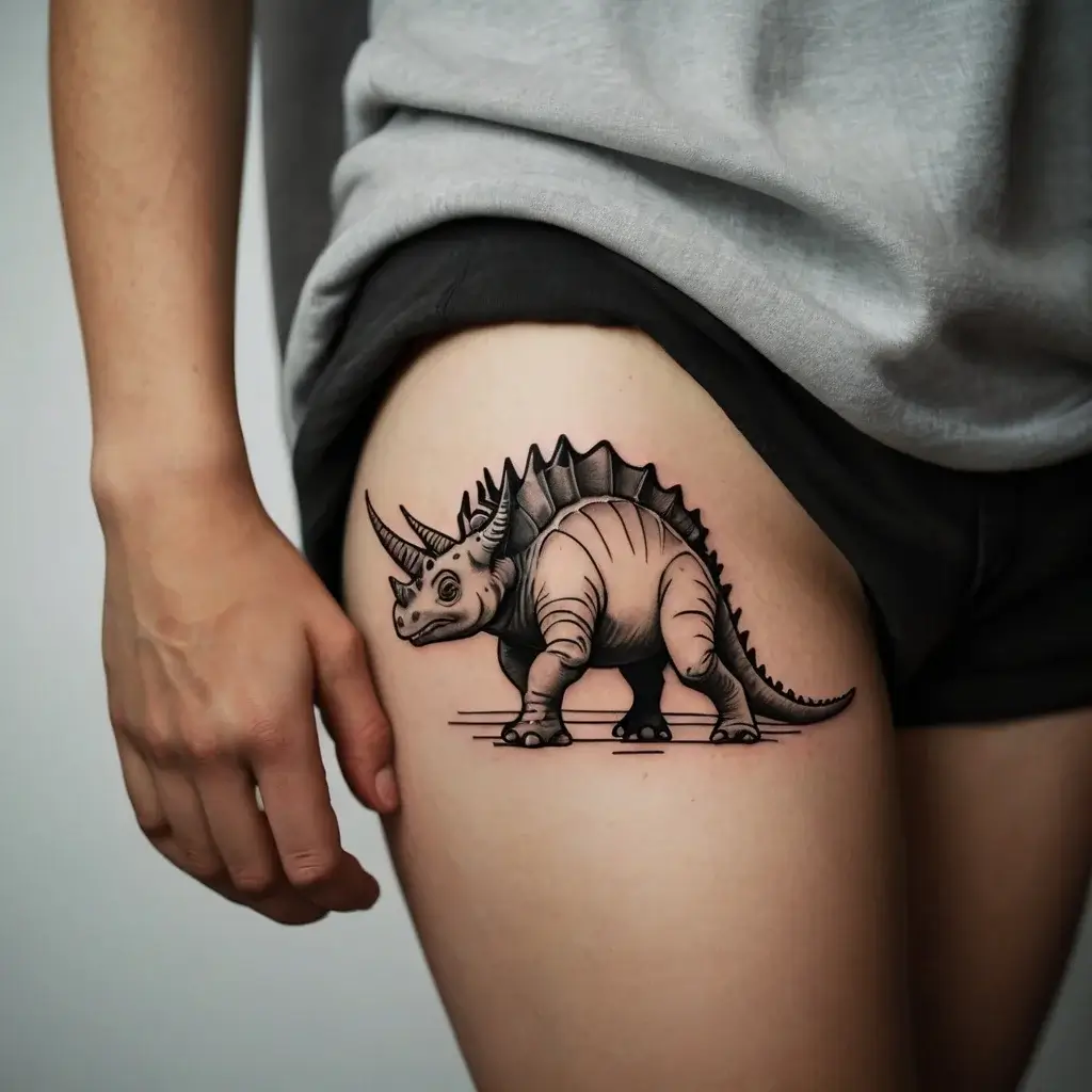 Tattoo of a stylized, cartoon dinosaur with spikes and horns on the thigh in black and gray ink, showcasing bold lines.