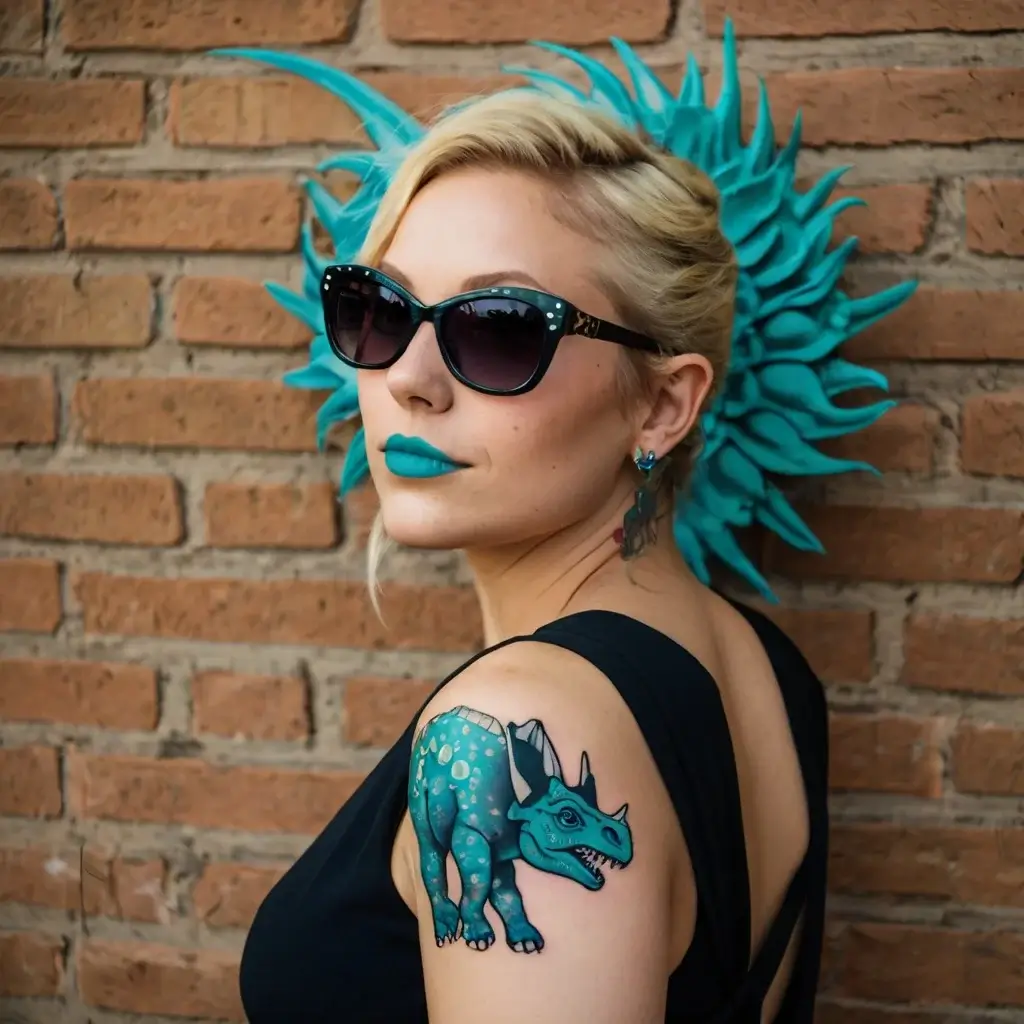 Colorful triceratops tattoo on shoulder, blending turquoise shades with polka dot details, creating a vibrant, playful look.