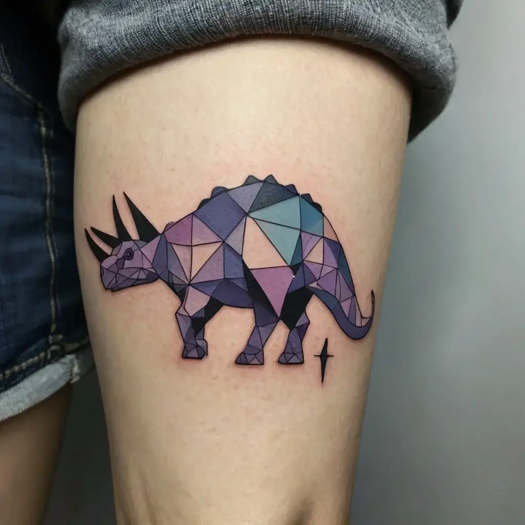 Geometric triceratops tattoo with purple and blue polygons, featuring sharp lines and a small star accent beneath.