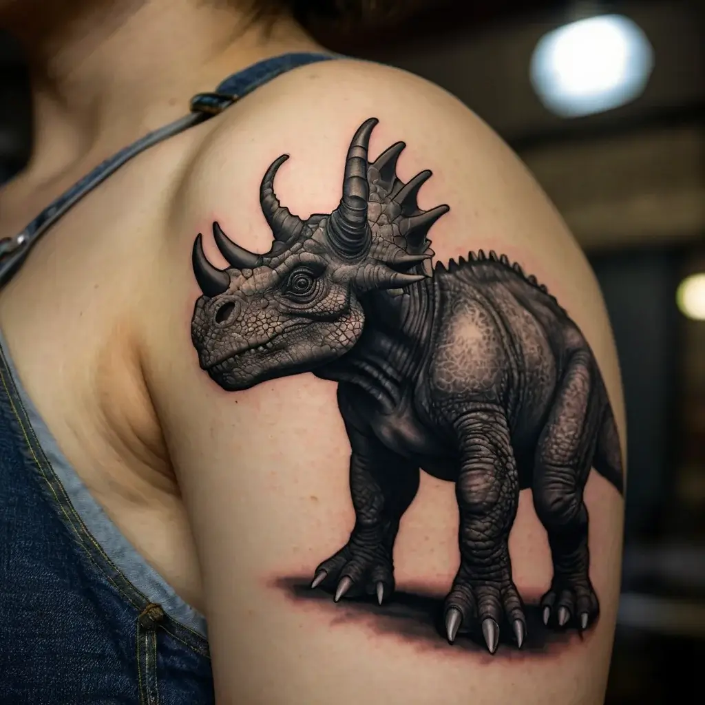 Realistic black and gray dinosaur tattoo on shoulder, highlighting intricate scales and horns.