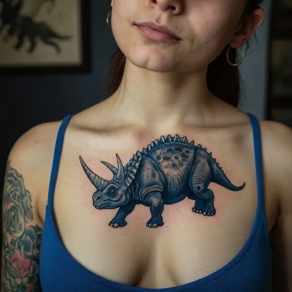 Chest tattoo of a blue triceratops with intricate detailing and shading, showcasing a realistic and textured design.