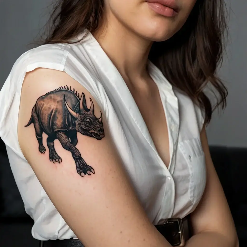 Tattoo of a detailed triceratops on the upper arm, showcasing intricate shading and bold outlines for a 3D effect.