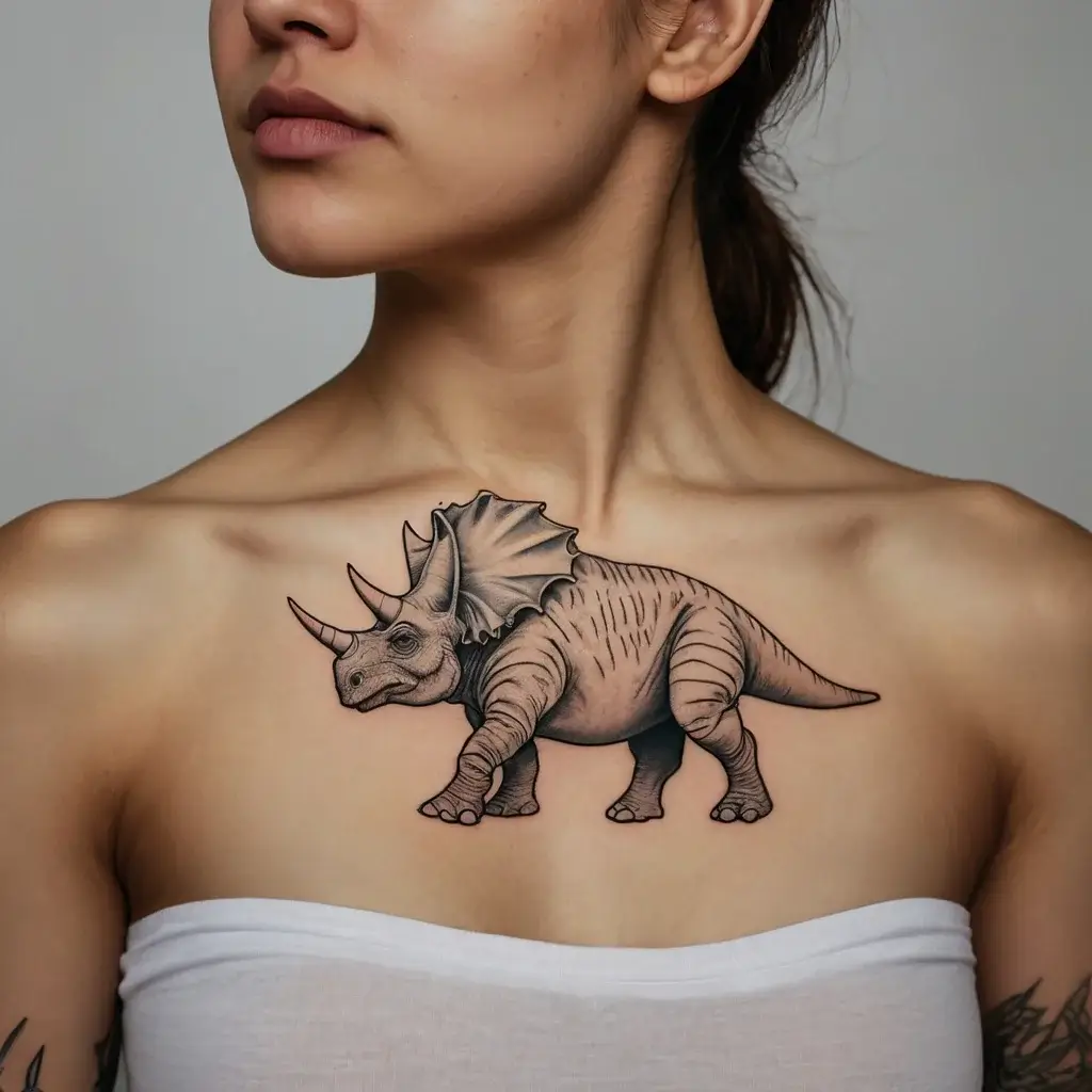 A detailed triceratops tattoo on the chest, showcasing realistic shading and texture, emphasizing strength and resilience.