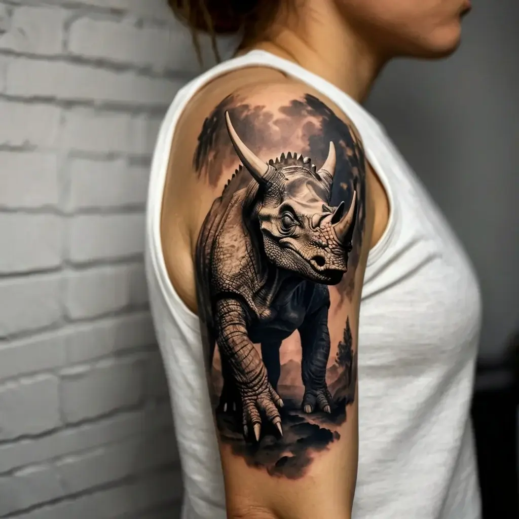 Realistic triceratops tattoo in black and grey on upper arm; intricate details and shading evoke a lifelike, dynamic scene.