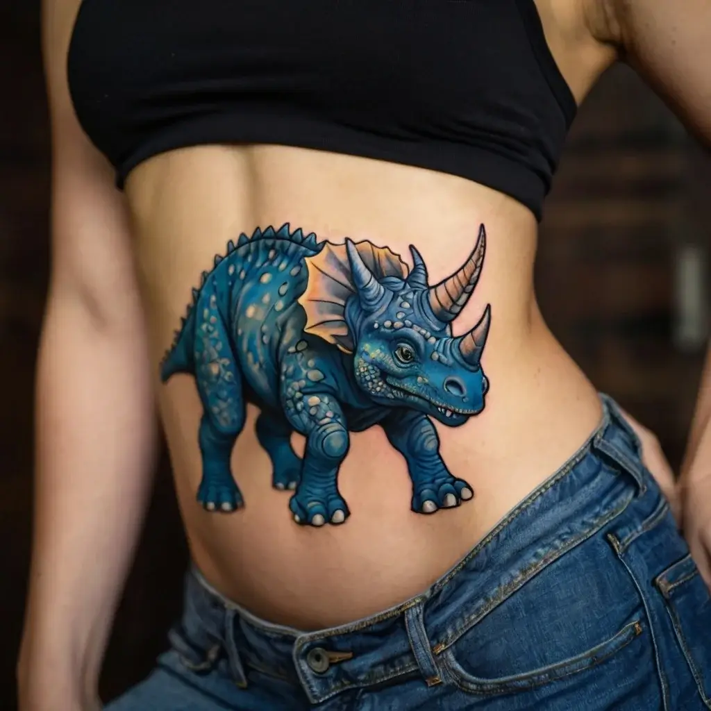 A vibrant, blue triceratops tattoo with intricate shading and details, placed dynamically on the person's side.