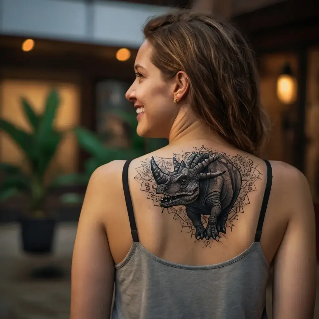 A detailed triceratops tattoo on the upper back, featuring intricate linework and geometric patterns surrounding the creature.