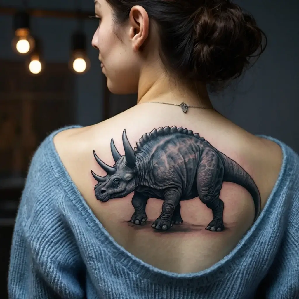 Realistic triceratops tattoo on woman's upper back, featuring detailed shading and texture for a lifelike effect.