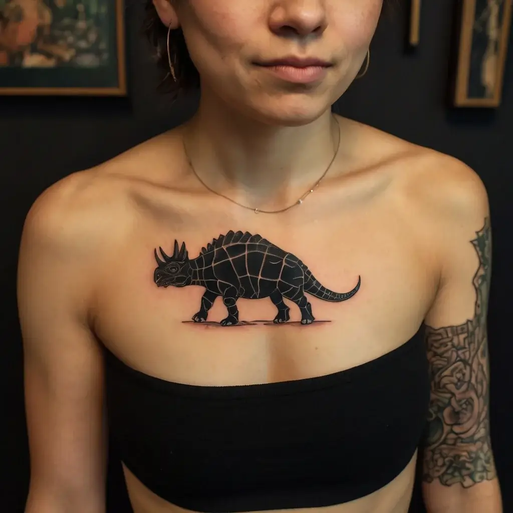 Geometric triceratops tattoo in black ink, emphasizing bold outlines and intricate shapes on upper chest.