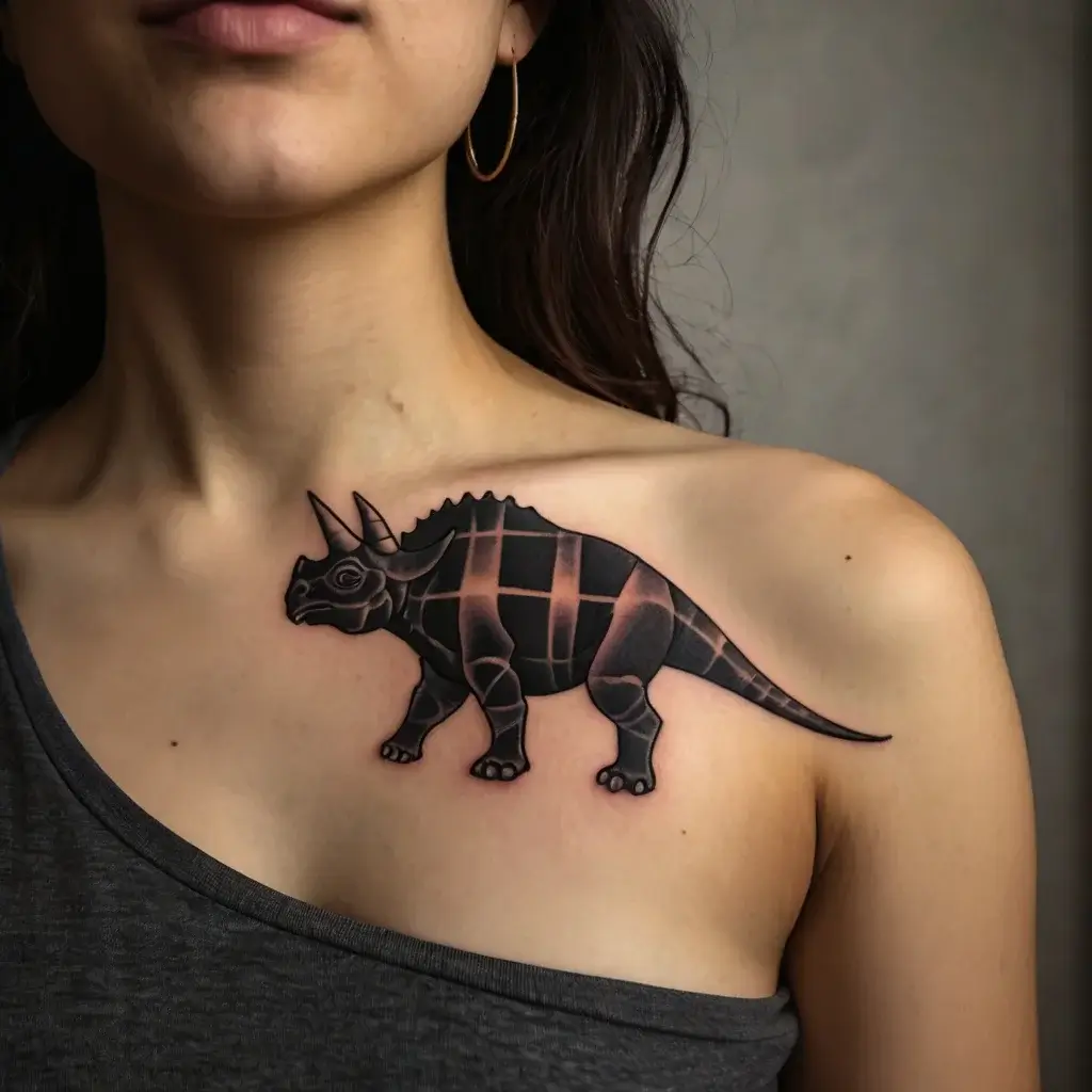 Tattoo of a geometric triceratops in black and pink on the right shoulder, blending realism with abstract shapes.