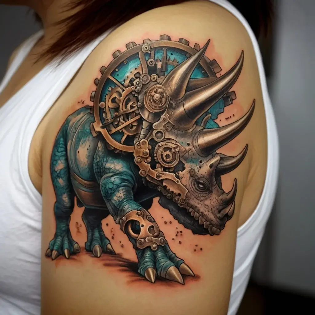 Tattoo of a steampunk triceratops blending gears and copper elements with intricate turquoise scales.