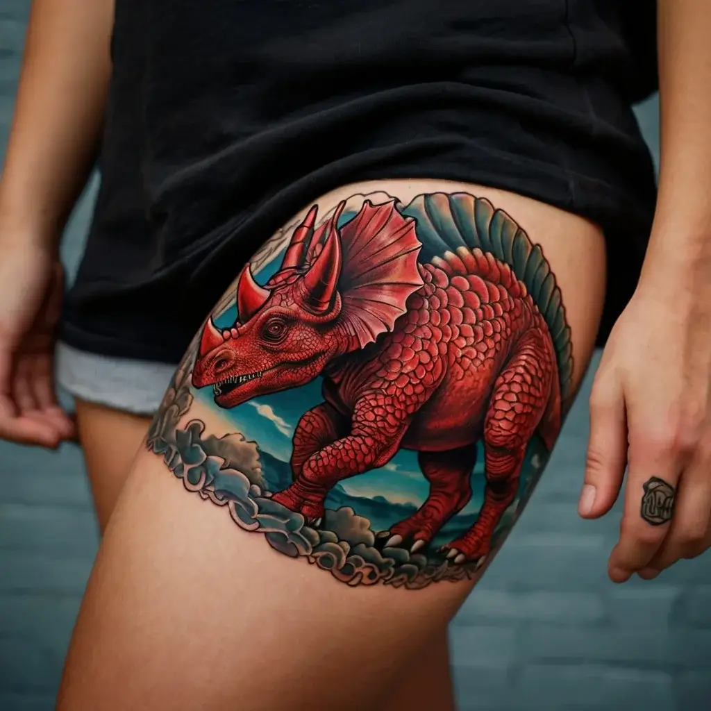 A bold, vibrant red triceratops tattoo on the thigh, featuring intricate scales and a dynamic, cloud-filled background.