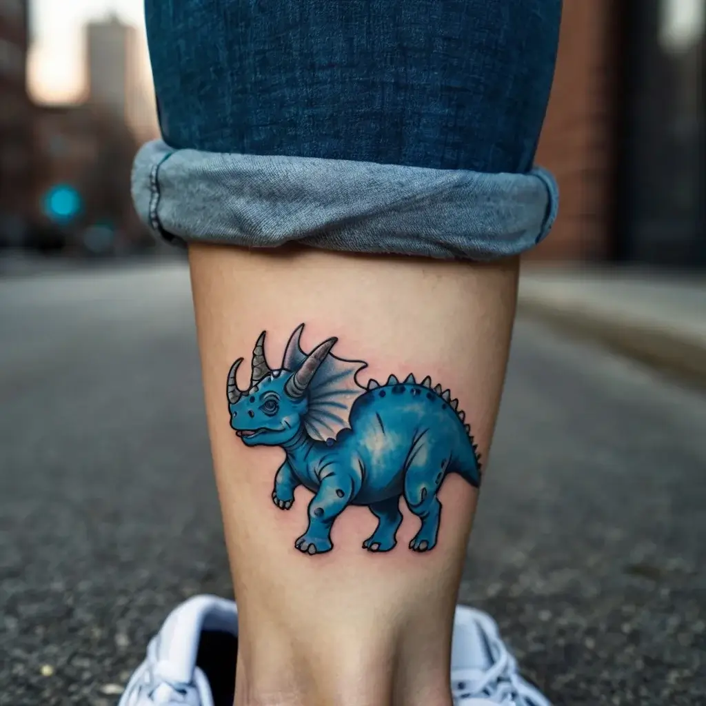 Tattoo of a cute blue dinosaur with detailed shading, featuring horns and frills, on the back of the leg.