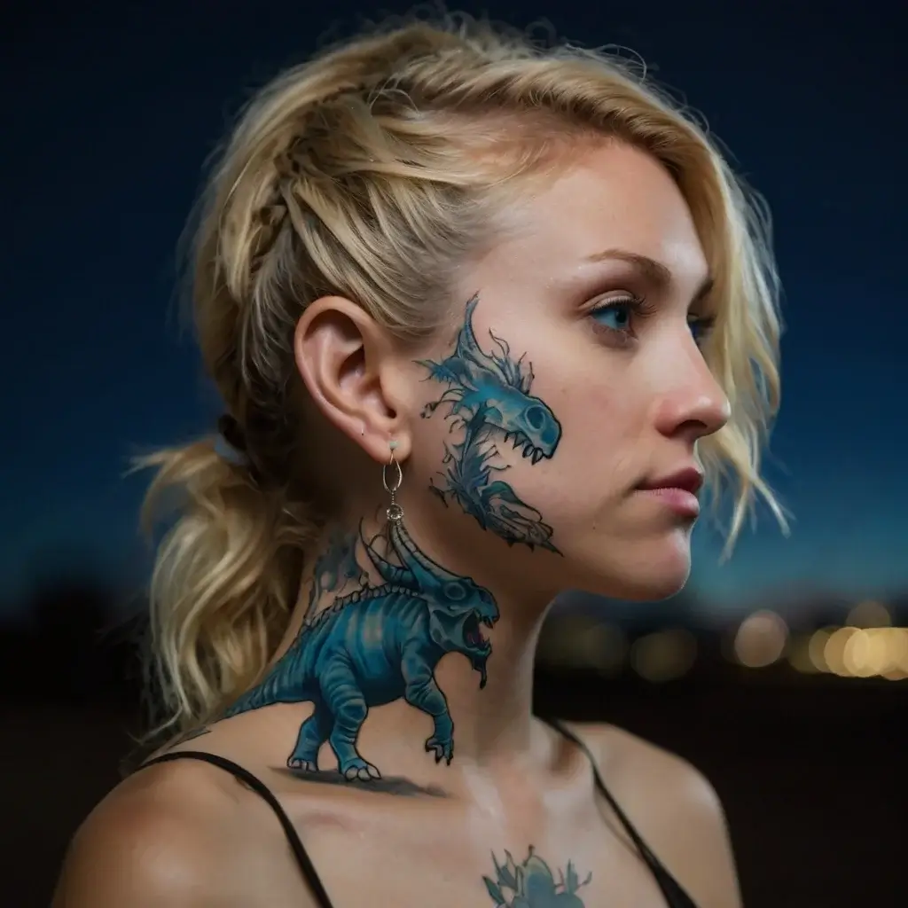 Profile view of a woman with a blue dragon tattoo wrapping around her neck and jaw, detailed with bold outlines.