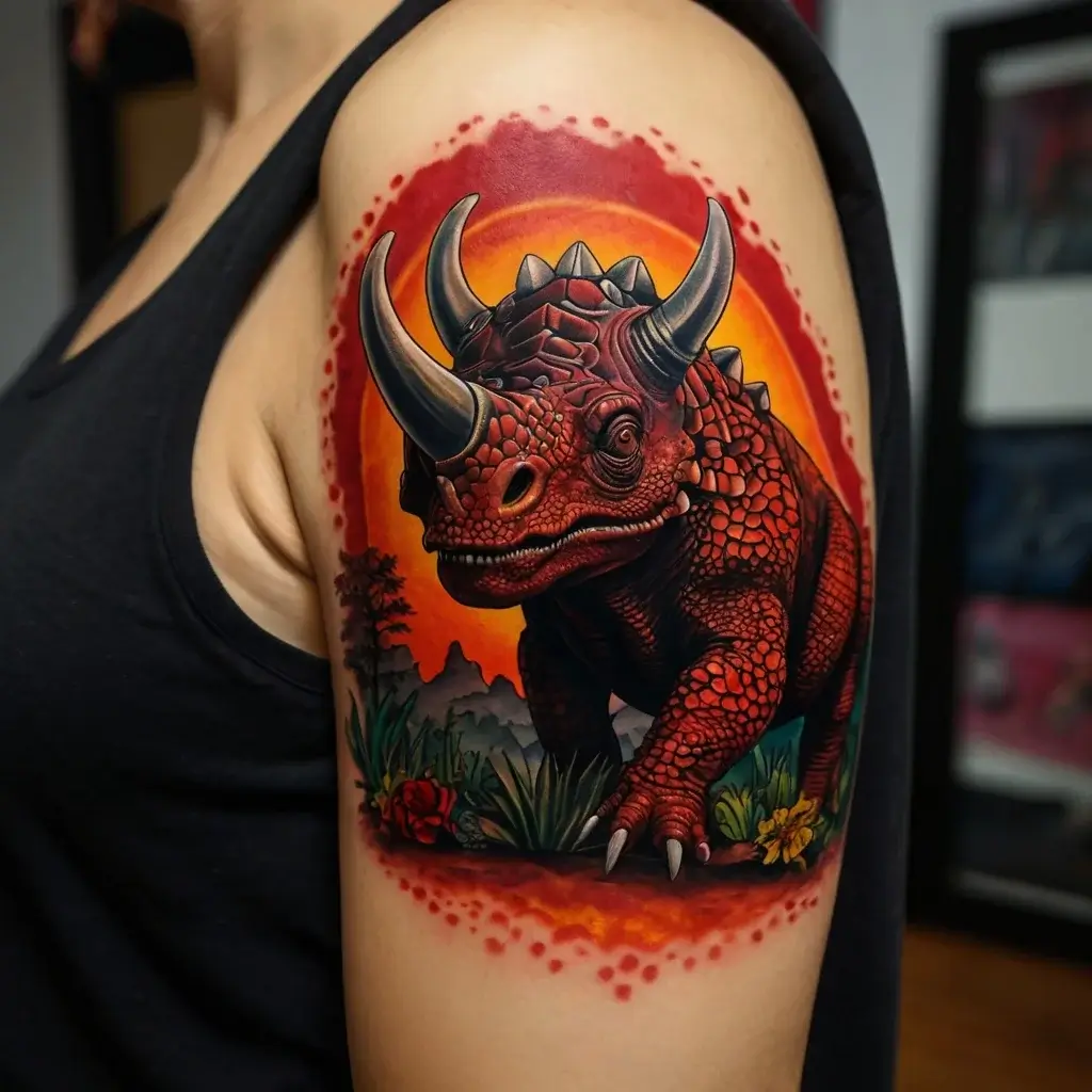 Vibrant tattoo of a red dinosaur with horns on an arm, set against a fiery sunset background with detailed flora.