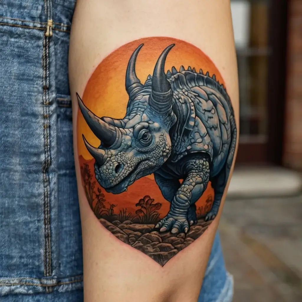 A detailed tattoo of a blue rhinoceros with an orange sunset background, emphasizing textures and realism.