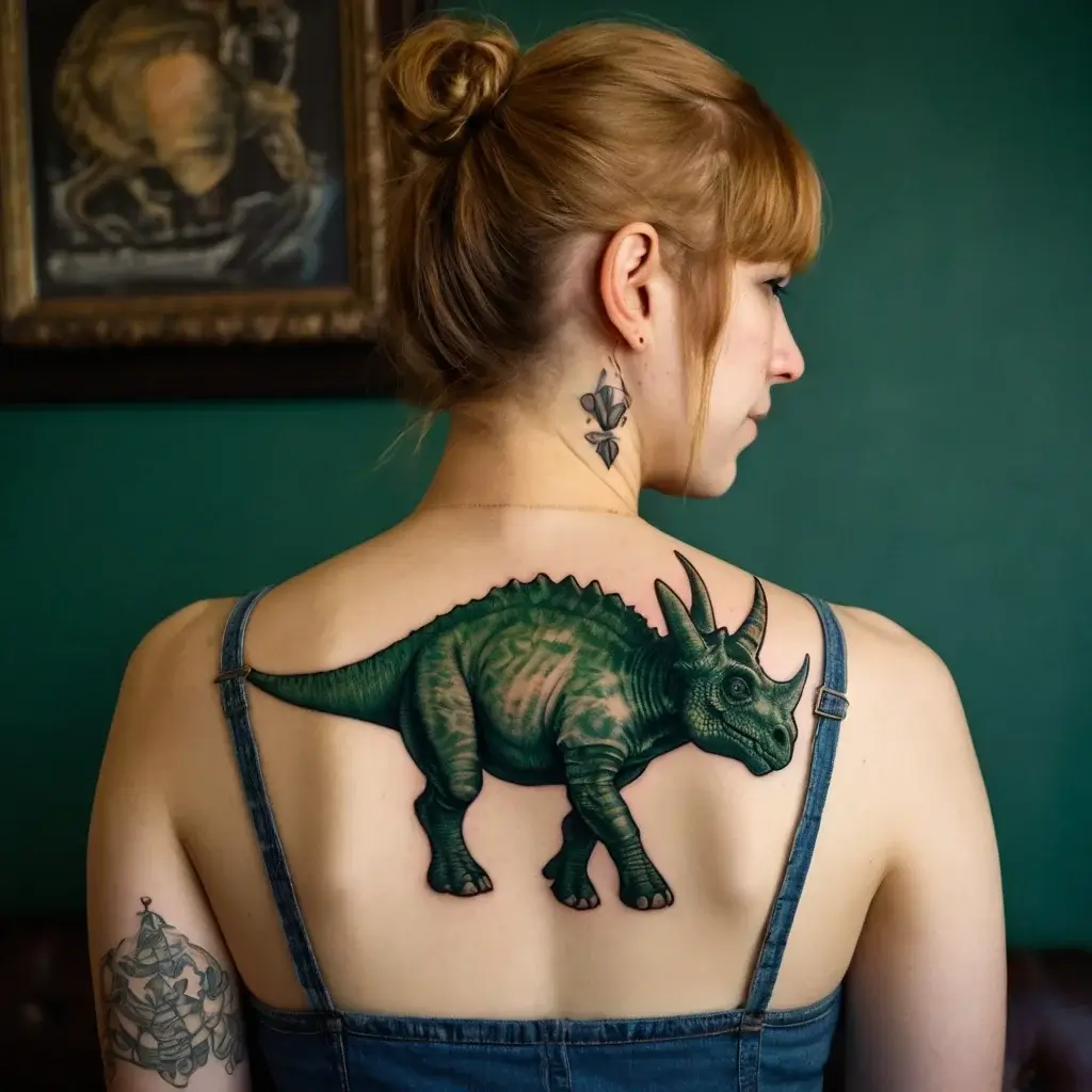 A detailed green triceratops tattoo spans the upper back, showcasing vibrant scales and realistic texture.