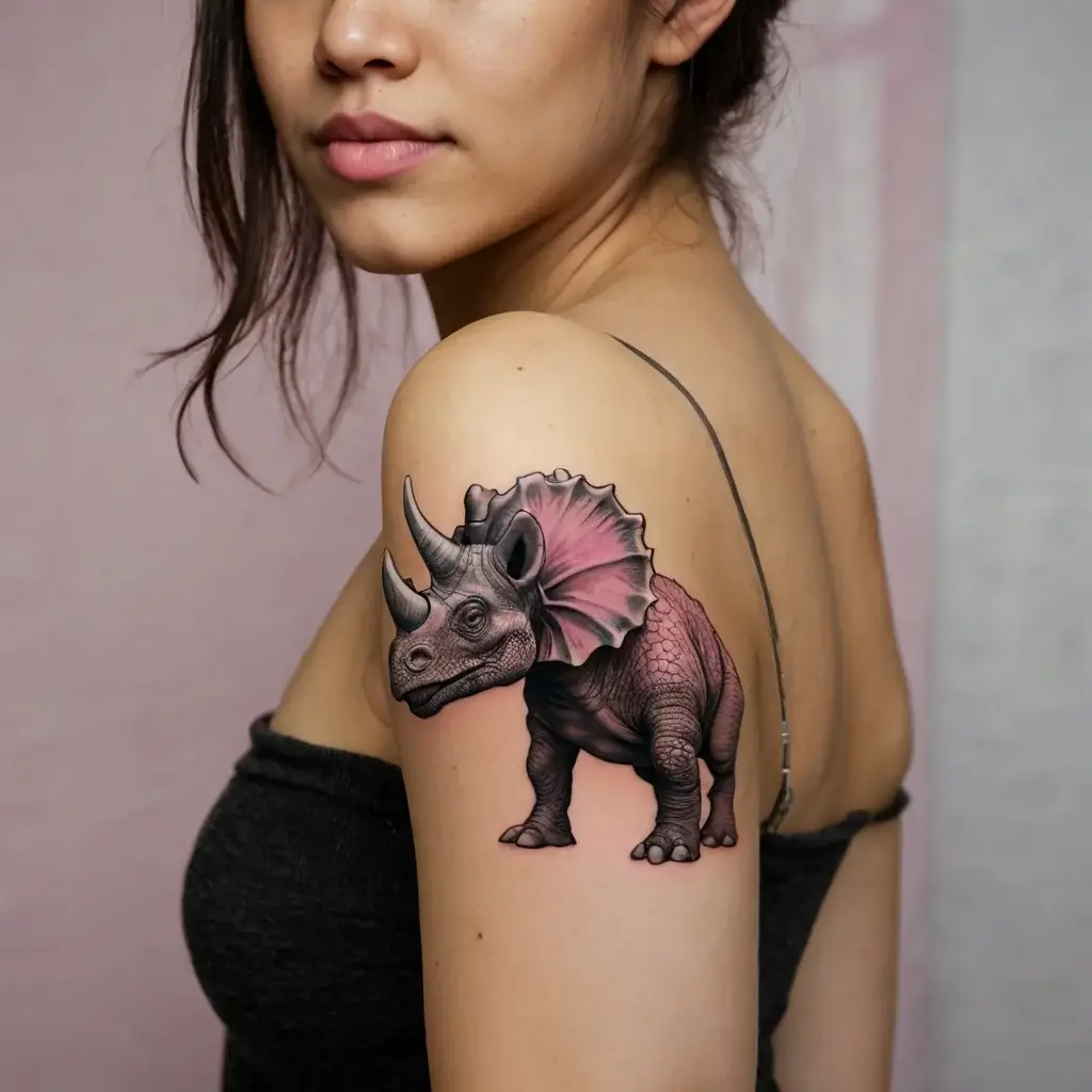 A realistic triceratops tattoo on the upper arm, featuring detailed shading and a pink frill for a pop of color.