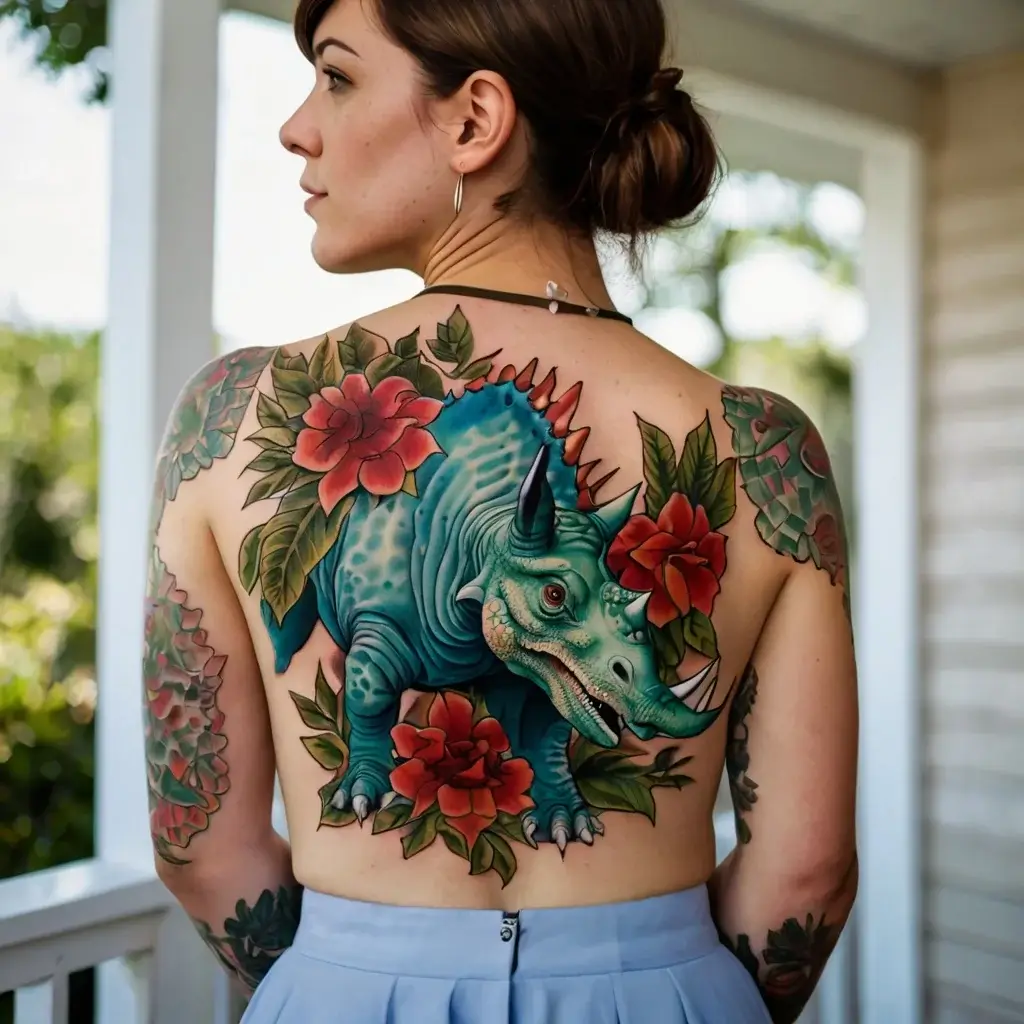 A vibrant tattoo of a blue triceratops surrounded by red flowers and green leaves, covering the woman's back and arms.