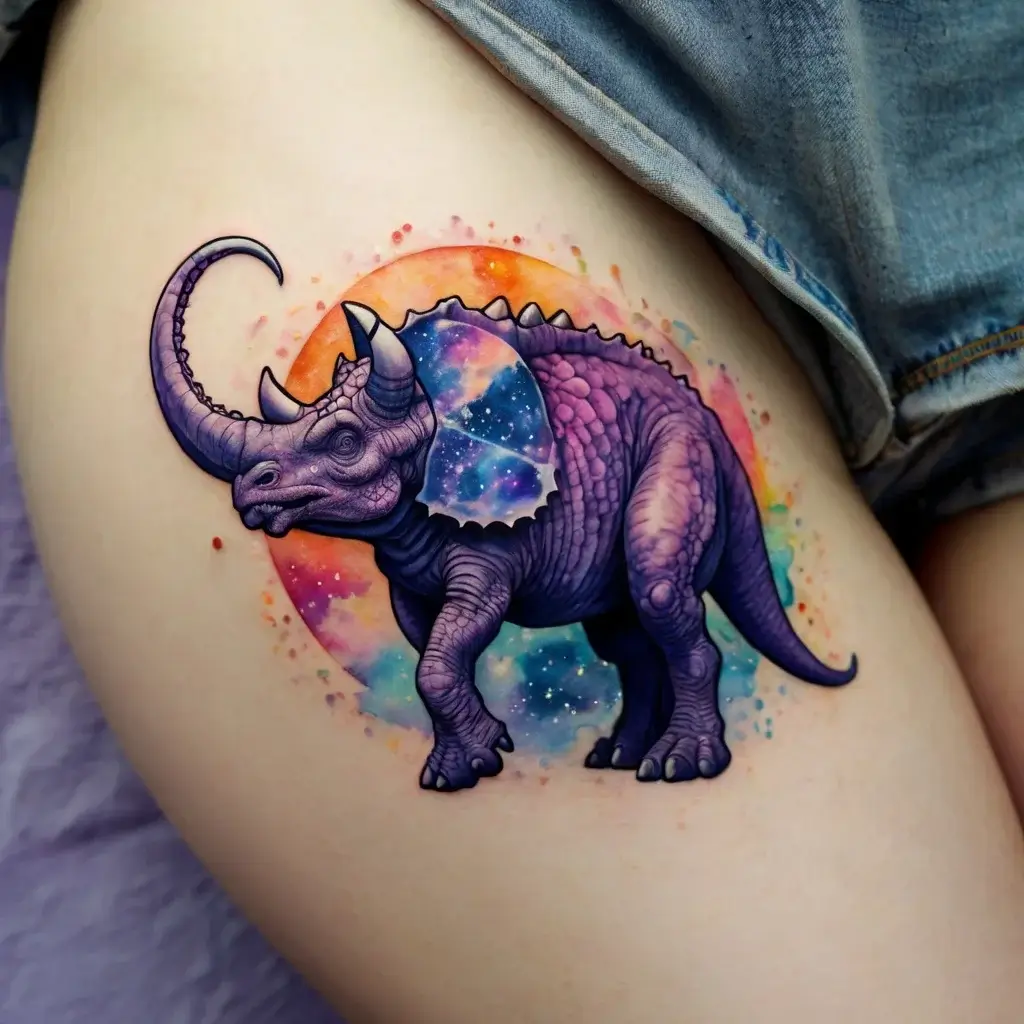 A whimsical, purple triceratops tattoo with a cosmic, galaxy-themed background in vibrant watercolors.