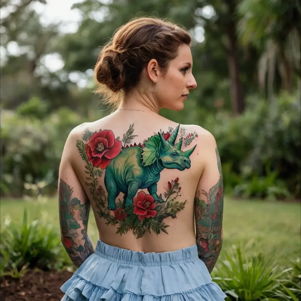 A vibrant triceratops tattoo adorns her back, surrounded by large red flowers and foliage, blending nature and fantasy.