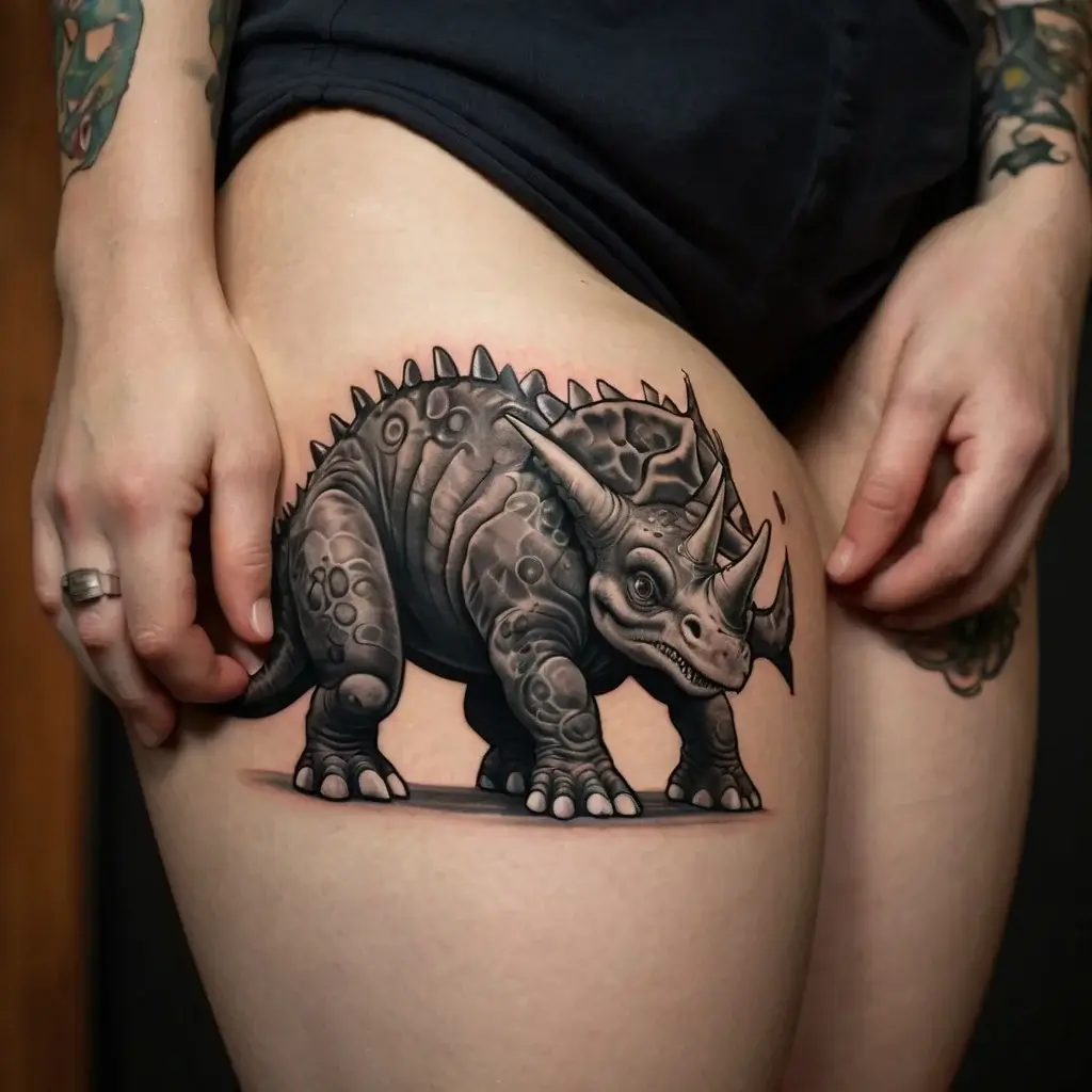 Realistic black and gray triceratops tattoo on thigh, showcasing intricate details and shading for a 3D effect.