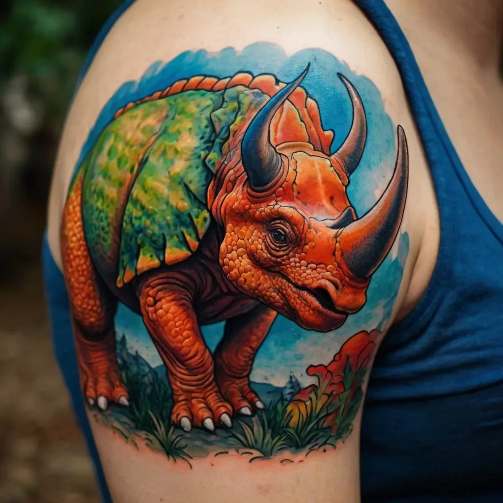 Tattoo of a vivid horned dinosaur in a lush, colorful landscape, blending vibrant orange, green, and blue hues.