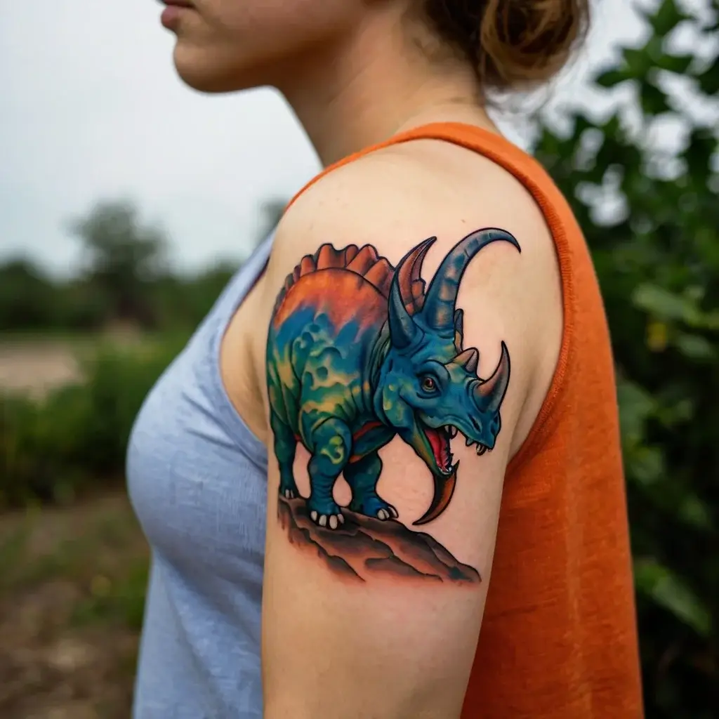 Colorful triceratops tattoo on upper arm with vibrant blue and orange hues, depicting a lively and dynamic prehistoric scene.