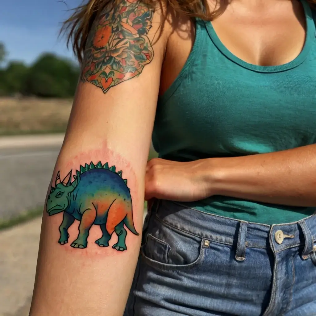 Colorful triceratops tattoo on forearm with a vibrant blue to orange gradient, set against a floral tattoo above.