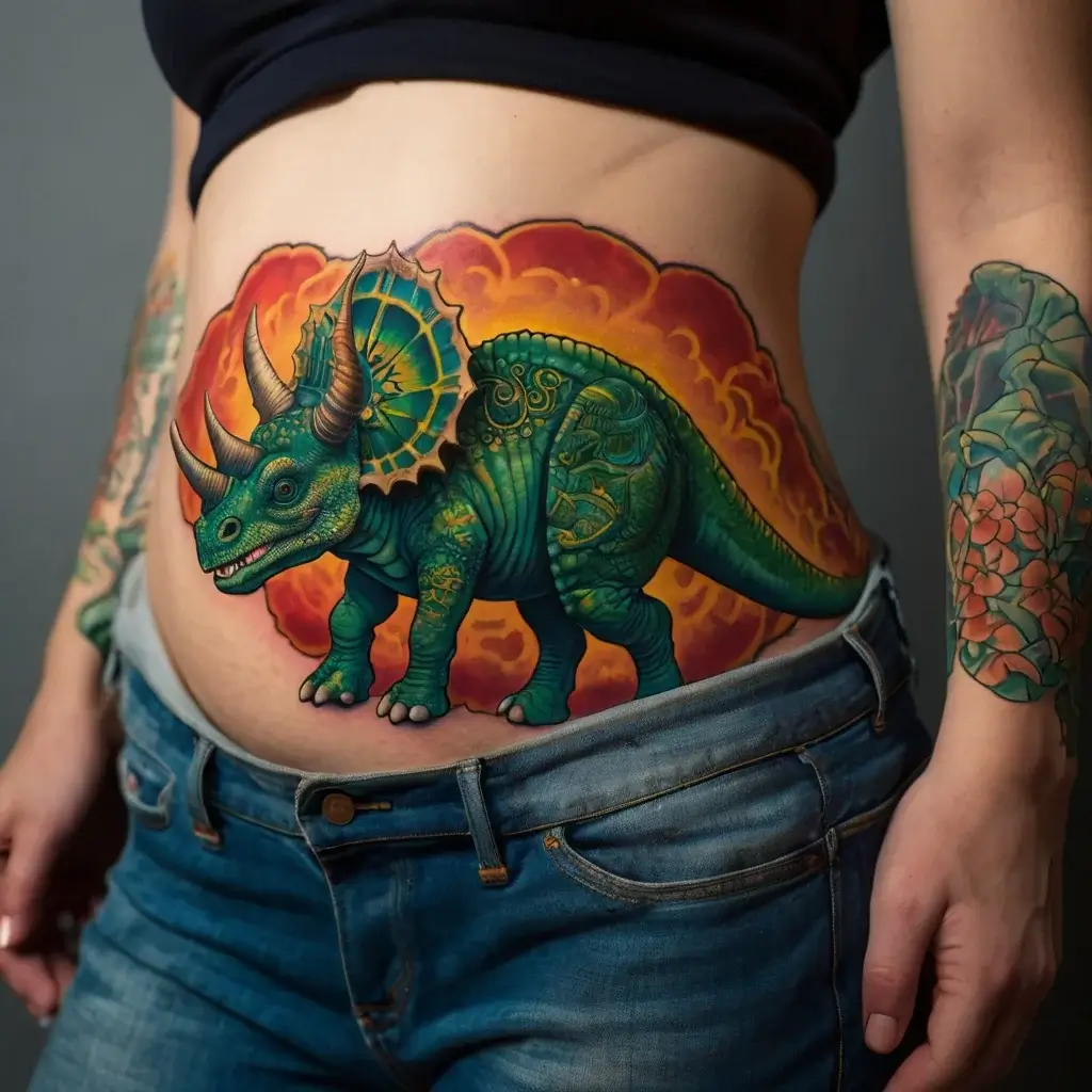 Vibrant triceratops tattoo on the stomach, detailed with shades of green and orange, set against a fiery background.