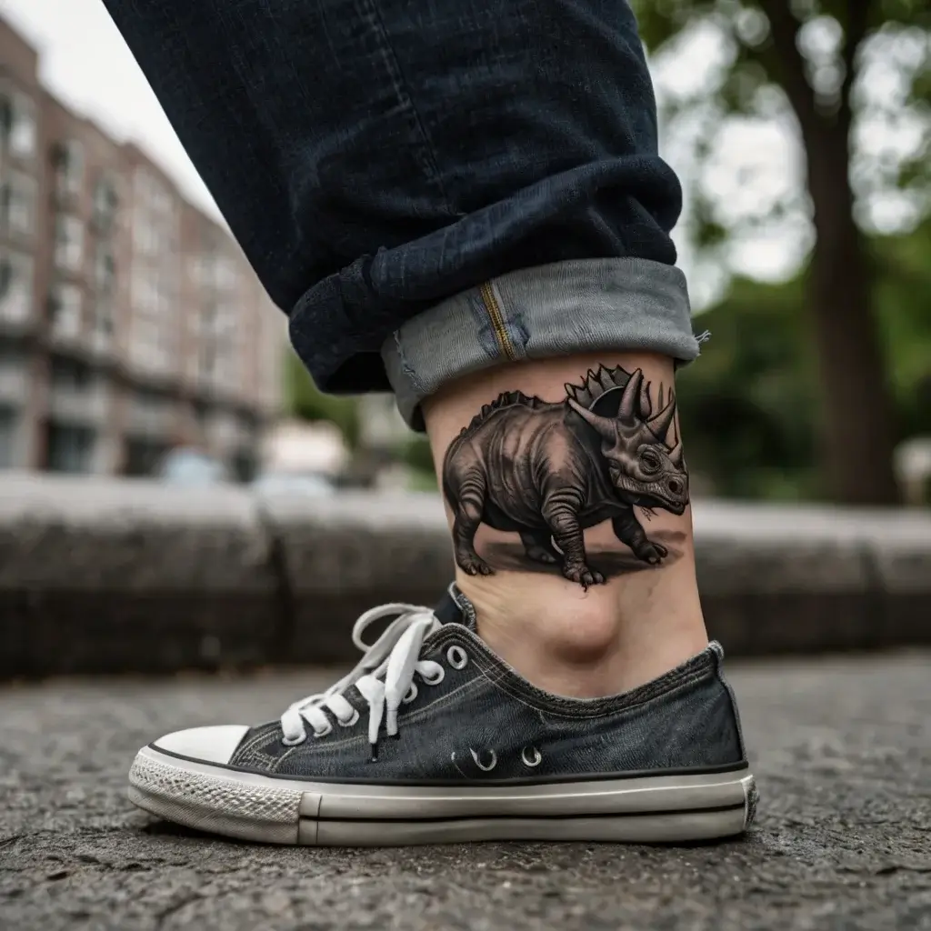 Realistic triceratops tattoo on ankle, detailed shading and texture, giving a lifelike 3D effect.