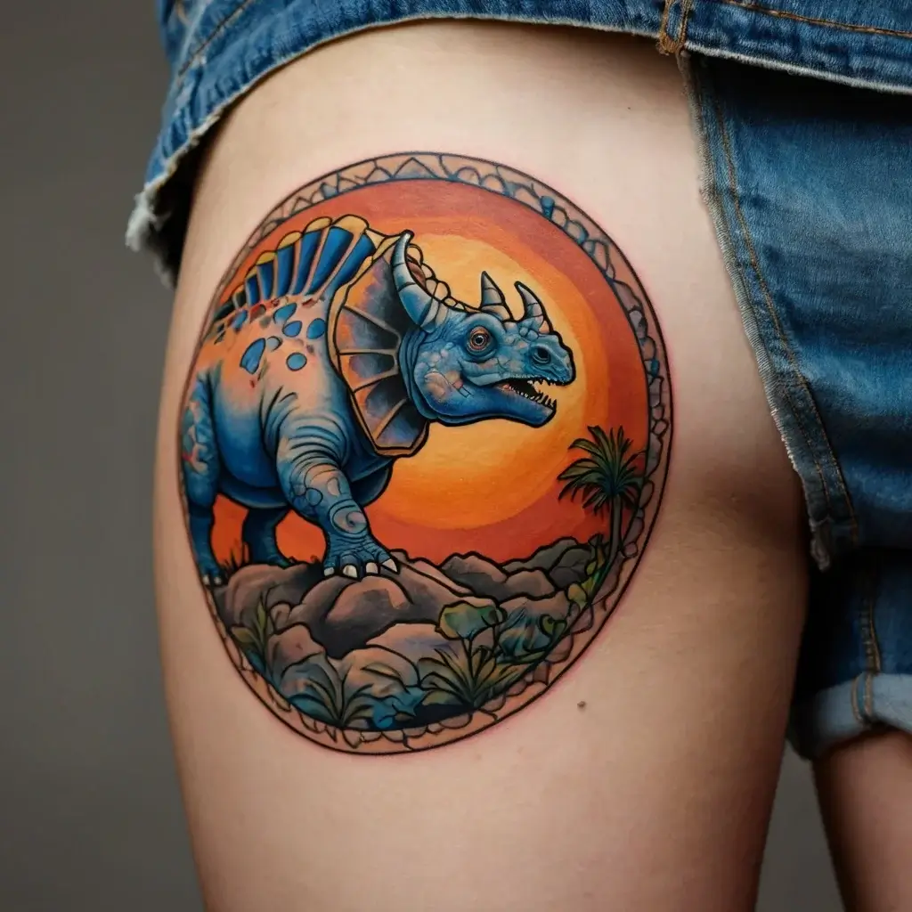 Tattoo of a colorful triceratops within a circle, with a vibrant sunset and palm trees in the background.