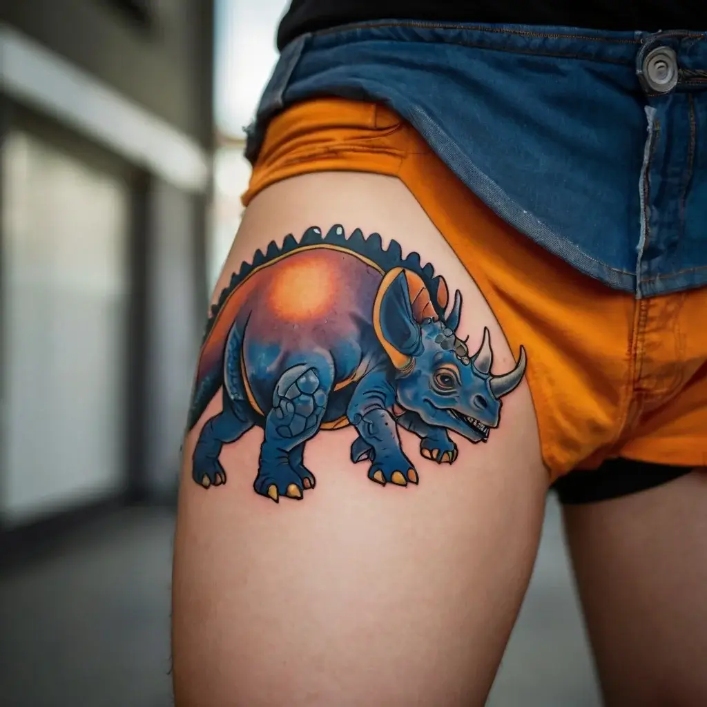 Vibrant triceratops tattoo on thigh, featuring vivid blues and oranges, with bold outlines and a galaxy-themed background.