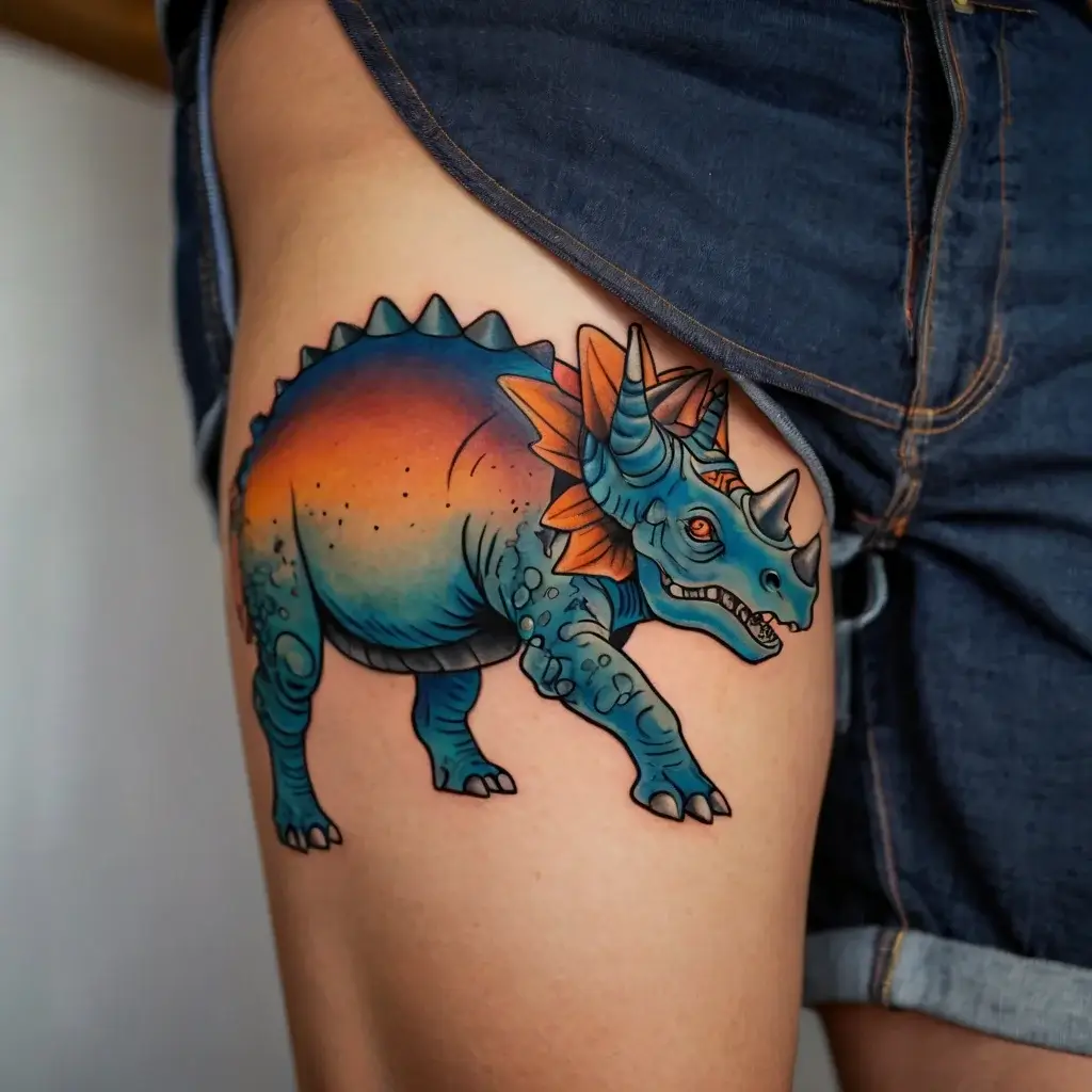 Colorful triceratops tattoo on thigh, blending blue and orange hues with intricate details and a vibrant gradient effect.